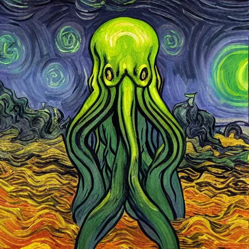 Prompt: Man sees Cthulhu coming from the night sky of a city, oil painting, illustrated by Vincent van Gogh