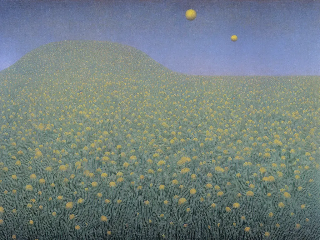 Image similar to Fata morgana above the oasis. Dandelion seed fractal glowing storm. Trembling waters. Painting by Rene Magritte, Jean Delville, Max Ernst, Maria Sybilla Merian