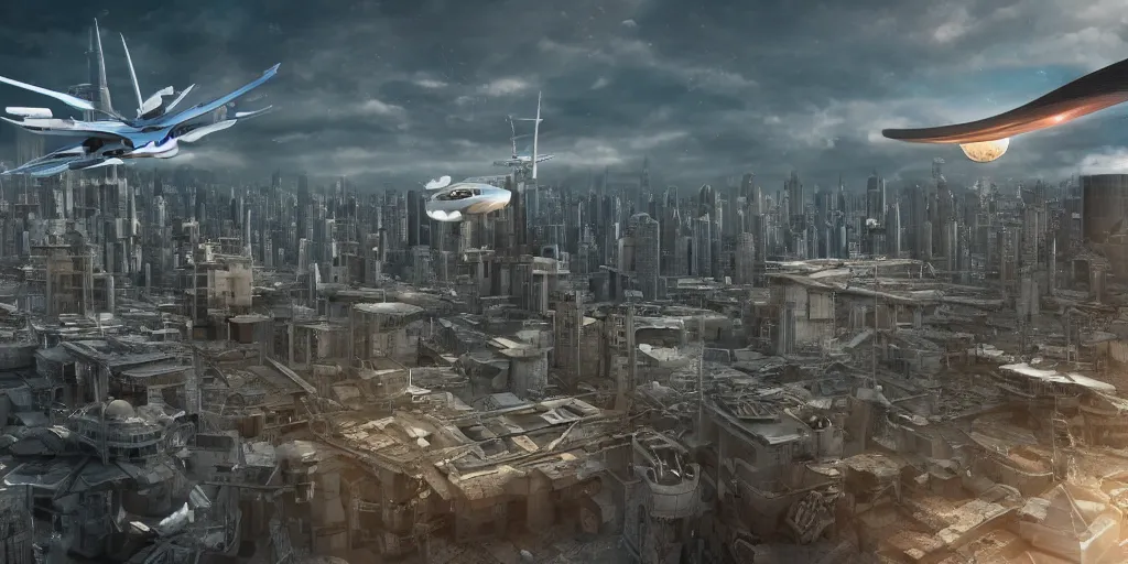Image similar to dish type anti gravity vehicle flying over the future city, 3 dmax, vray, maya, pixar, unrea 5, hyperrealistic, octane render, dynamic lighting, intricate detail.