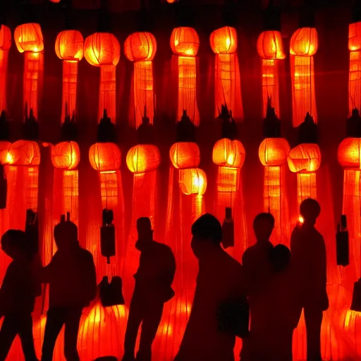 Image similar to night club, a few red chinese lanterns, people's silhouettes, minimalism, asian movies 2 0 0 0 atmosphere