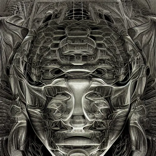 Prompt: High detailed human portrait of Mandelbulb pattern. by Giger.