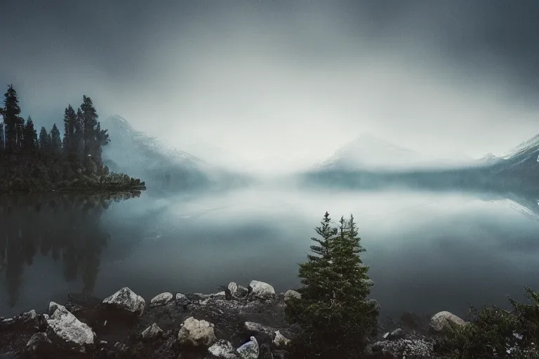 Image similar to a lake with mountains and a foggy forest in the background, moody, dark, cinematic, dynamic lighting, trending on artstation