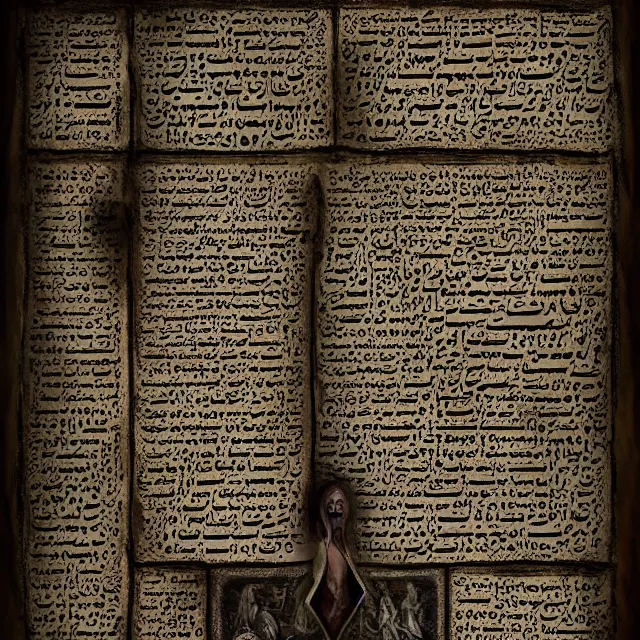 Prompt: ultra - realistic photo an evil - looking dead sea scroll with nabeatean aramaic in short sideways columns, dark, brooding, volume lighting, atmospheric lighting, painted, intricate, ultra detailed by leesha hannigan, thierry doizon, kai carpenter, well composed, best on artstation, cgsociety, epic, stunning, gorgeous, intricate detail, wow, masterpiece