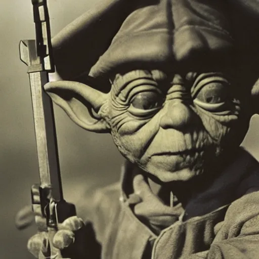 Prompt: Yoda as a Russian soldier in WW2, Battle of Stalingrad 1943, 4K, 30mm film stock, high detail, historical