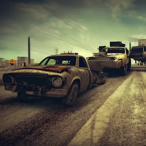 Image similar to a post apocalyptic car chase in the style of mad mad, low view, truck racing into camera