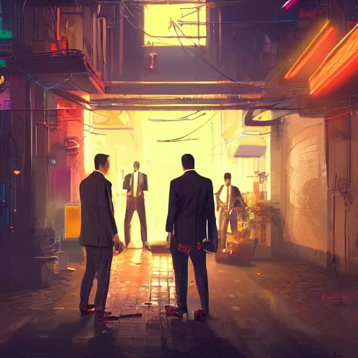 Image similar to bbusinessmen holding a briefcase, detailed digital illustration by greg rutkowski, cyberpunk back alley, nighttime, colorful lighting, android netrunner