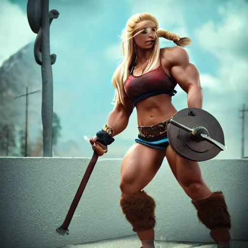 Image similar to a handsome bodybuilder viking girl with blond hair, clash royal style characters, unreal engine 5, octane render, detailed, cinematografic, cinema 4 d