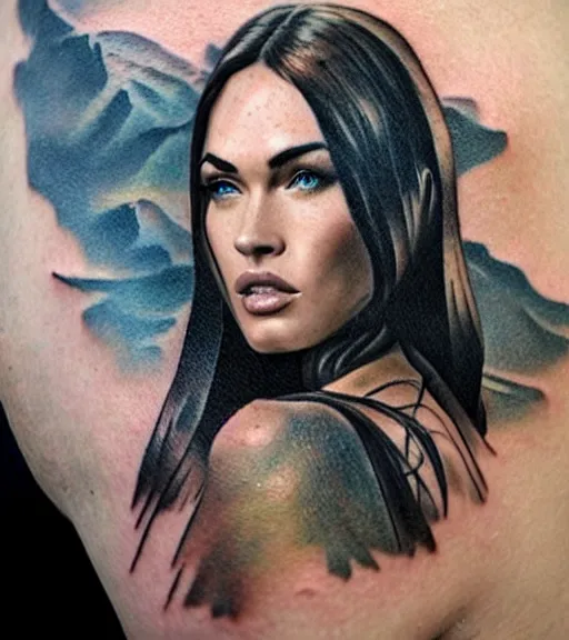 Image similar to realism tattoo sketch of a megan fox face double exposure effect with mountain scenery, in the style of matteo pasqualin, amazing detail, sharp, faded