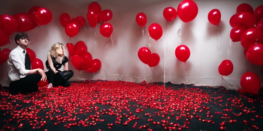 Image similar to louis theroux and laura palmer blowing up red balloons in the red room, twin peaks. in the style of david lynch, black and white zig zag floor