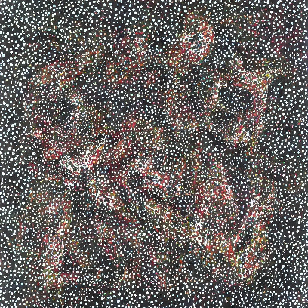 Image similar to camo made of teeth, smiling, abstract, francis bacon artwork, cryptic, dots, spots, stipple, lines, splotch, color tearing, pitch bending, faceless people, dark, ominous, eerie, hearts, minimal, points, technical, old painting, neon colors