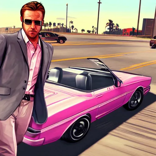 Prompt: gta v cover art by stephen bliss of ryan gosling wearing aviator sunglesses near a pink convertible car