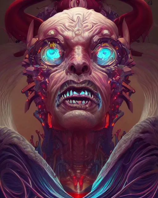 Prompt: a stunning portrait of the demonic cyborg deity, digital art by Dan Mumford and Peter Mohrbacher and Ross Tran, highly detailed, trending on artstationhq