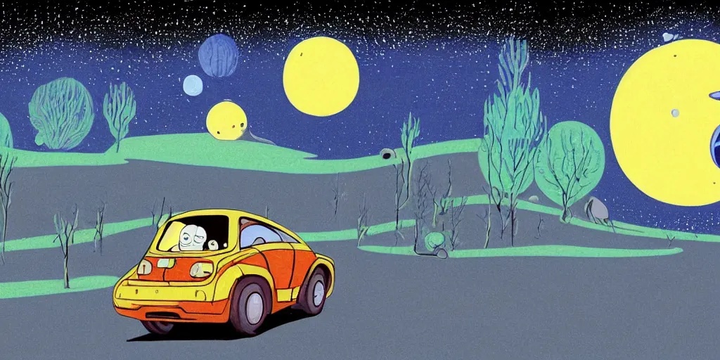 Image similar to traditional drawn colorful animation a car with solo man with sad face to valley symmetrical architecture on the ground, space station planet afar, planet surface, ground, tree, outer worlds extraterrestrial hyper contrast well drawn Metal Hurlant Pilote and Pif in Jean Henri Gaston Giraud animation film The Masters of Time FANTASTIC PLANET La planète sauvage animation by René Laloux