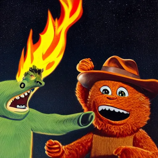 Image similar to UHD candid photo of Cosmic Cornholio torching Smokey The Bear on fire, UHD, photorealistic, correct face, photo by Annie Leibowitz