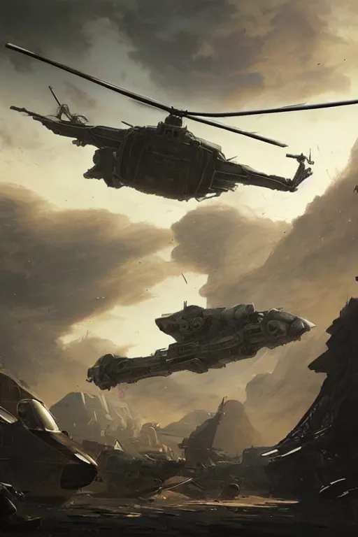 Image similar to a futuristic helicopter in war, epic scene, by greg rutkowski