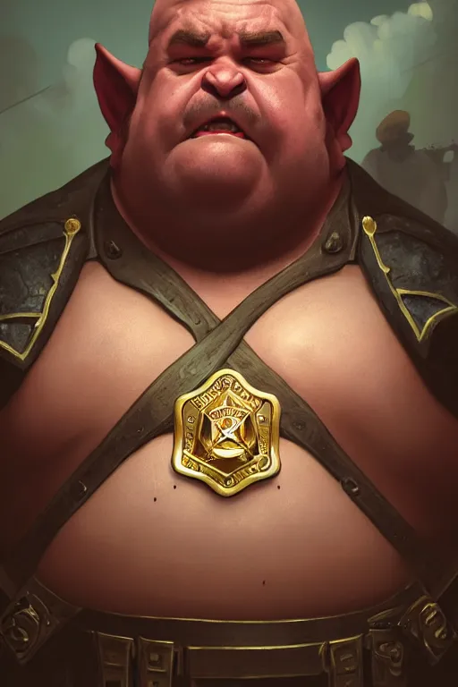 Prompt: a shifty fat fantasy orc mall cop with a sheriff's badge, Oil Painting, hyperrealistic, octane render, Detailed Digital Art, RPG portrait, 3/4 bust, William-Adolphe Bouguereau, Michael Cheval, dynamic lighting, Highly Detailed, Cinematic Lighting, 8k, HD