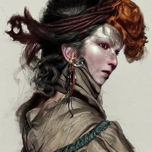 Prompt: portrait of a Shibari rope wrapped face and neck, headshot, insanely nice professional hair style, dramatic hair color, digital painting, of a old 18th century, tourist, wrap around eye patch, amber jewels, baroque, ornate clothing, scifi, realistic, hyper detailed, child, chiaroscuro, concept art, art by Franz Hals and Jon Foster and Ayami Kojima and Amano and Karol Bak,