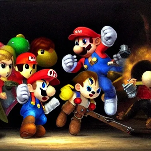 Prompt: super smash bros, oil painting by Rembrandt