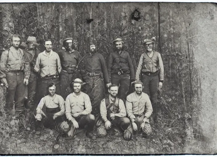 Image similar to tintype photo of a group of men after a successful hunt in the forest, standing over a deceased sasquatch