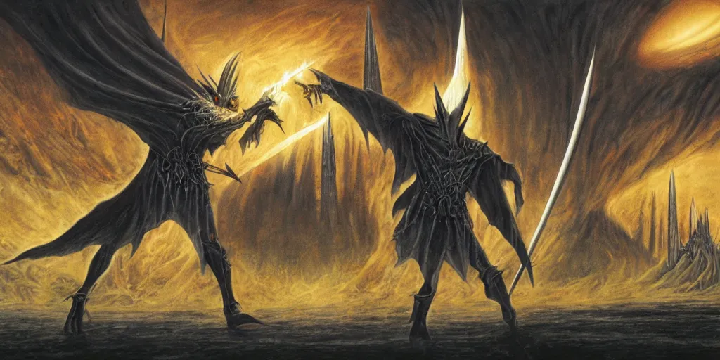 Image similar to illustration of Sauron fighting Saruman, the lord of the rings, by John Howe