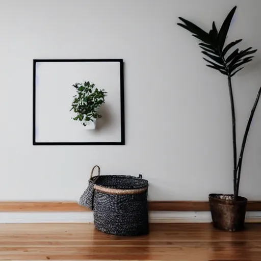 Prompt: minimalist mockup photo of large blank frame on floor with thin light wooden moulding, white background wall, boho carpet, one small potted plant, trending on etsy