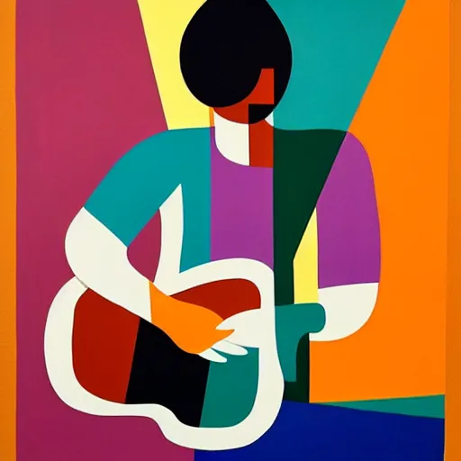 Image similar to portrait of a person playing guitar, abstract painting in the style of Sophie Taeuber-Arp and Gary Hume and Tatsuro Kiuchi, flat colour-block style, geometric abstraction, dark colours