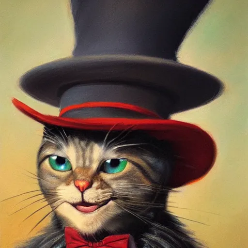 Prompt: an ultra - realistic portrait painting of the cat in the hat in the style of frank frazetta. 4 k. ultra - realistic. highly detailed. dark fantasy. epic lighting.
