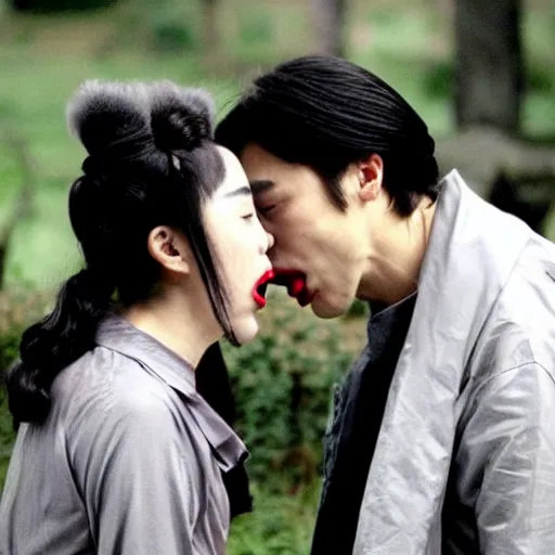 Image similar to film still, two vampires kissing, directed by park chan - wook