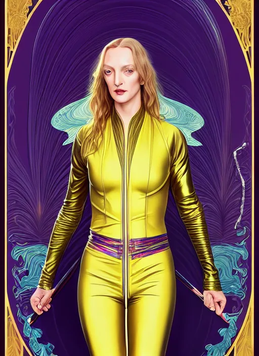 Prompt: uma thurman in kill bill, rococo and art nouveau fusion, iridescent diaphanous refractive and reflective katana, yelliw jumpsuit, highly detailed, deep focus, elegant, digital painting, smooth, sharp focus, illustration, ultra realistic, japanese art by artgerm and alphonse mucha