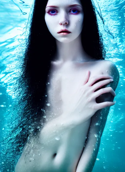 Prompt: portrait of a beautiful female face, pale, glass skin, long black hair, evil eyes. underwater photography, sharp focus, hyper realistic, dramatic lighing, gradient light, 8 k