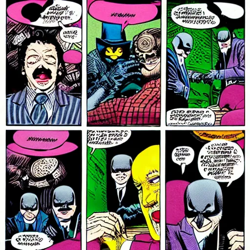 Image similar to drawing of 1 4 tiny jokers crawling out the mouth of gotham city's finest investigative reporter, 4 k art by brian bolland, graphic novel art