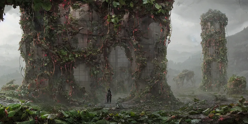 Prompt: Vines dripping from a portal made of stone. Detailed digital matte painting in the style of simon stalenhag