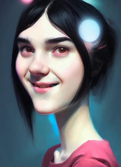 Prompt: portrait of teenage girl, narrow face, black hair and eyebrows, bangs, half updo hairstyle, buck teeth, unattractive, defined jawline, long chin, smile, hair bow, intricate, elegant, glowing lights, highly detailed, digital painting, artstation, concept art, sharp focus, illustration, art by wlop, mars ravelo and greg rutkowski