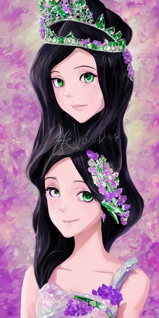 Prompt: Oil painting of a princess wearing a lavanda color dress, and a tiara with emeralds, long and straight black hair, digital art, 4k, anime style