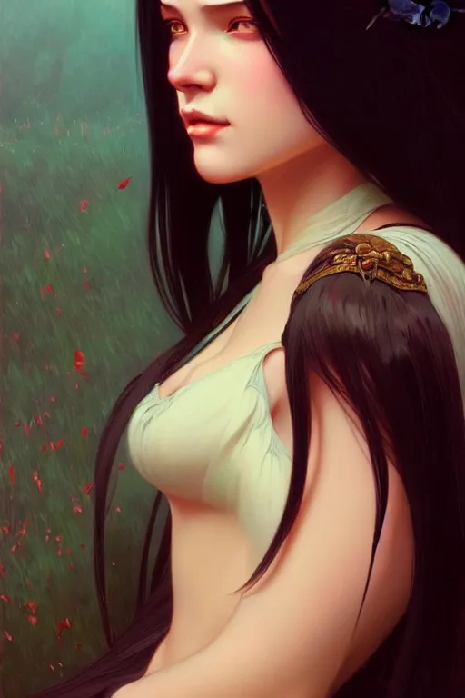 Image similar to a beautiful girl with long black hair, fantasy, portrait, sharp focus, intricate, elegant, digital painting, artstation, matte, highly detailed, concept art, illustration, ambient lighting, art by ilya kuvshinov, artgerm, Alphonse mucha, and Greg Rutkowski