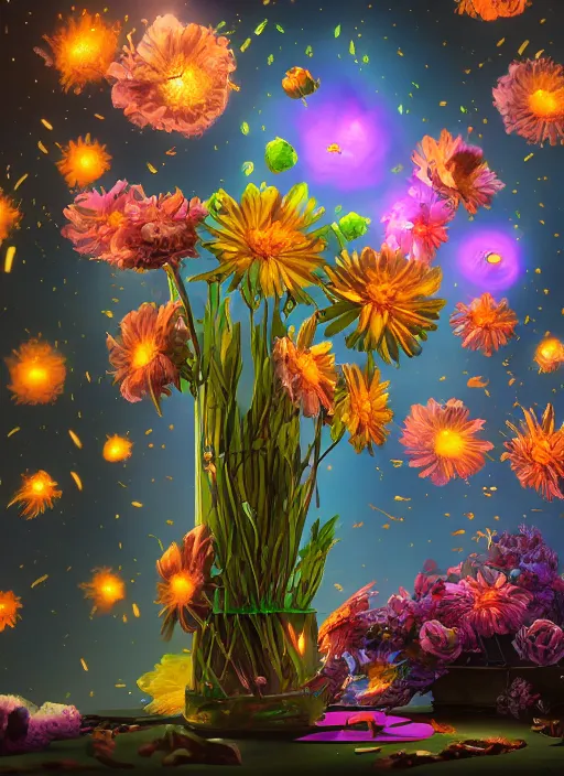 Image similar to An epic fantastic realism comic book style painting of the most beautiful spinning flowers floating into the dark and starry cosmos, exquisite bouquets, fisheye, a star implodes, unreal 5, DAZ, hyperrealistic, octane render, dynamic lighting