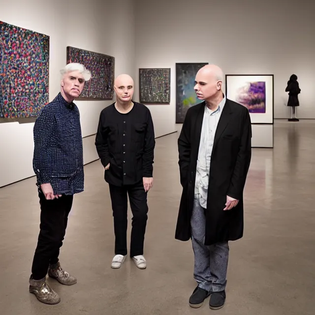 Image similar to david byrne and brian eno are looking for ideas in an art museum
