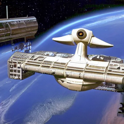 Prompt: starship enterprise docked at a space station, highly detailed 1 9 7 0 s scifi art