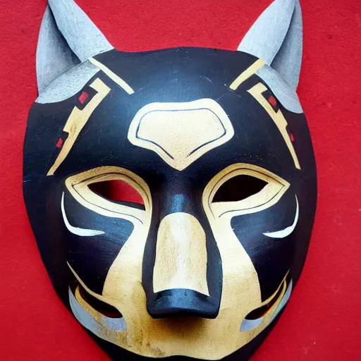 Prompt: painted wooden wolf spirit mask, pacific northwest indigenous style