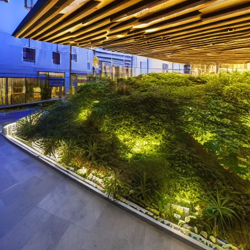 Image similar to The atrium of a refurbished contemporary building filled with tropical plants, project by Kengo Kuma, blue hour, 4k