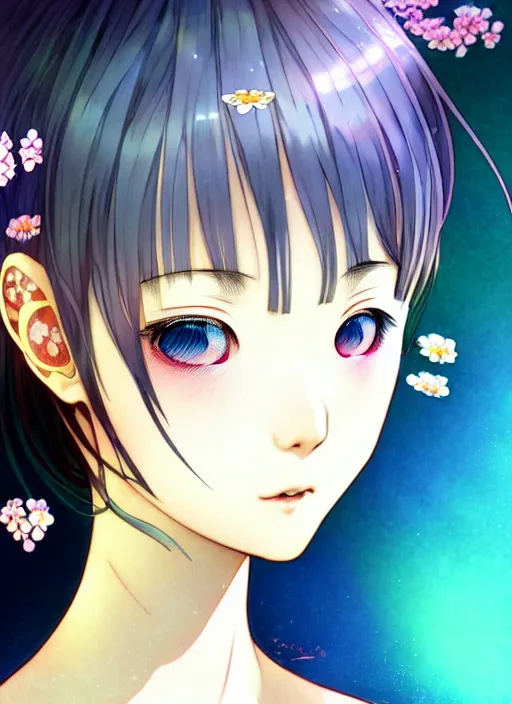 Image similar to exquisite imaginative manga poster portrait art of vampries girl, flowers, pearlescent, shimmering, reflective, rim light, clear face, detailed background, by kojima ayami, shigenori soejima, minaba hideo, alphonse mucha, dark fantasitic, illustration, artstation, pivix, concept art, highly detailed, colorful, maximalist