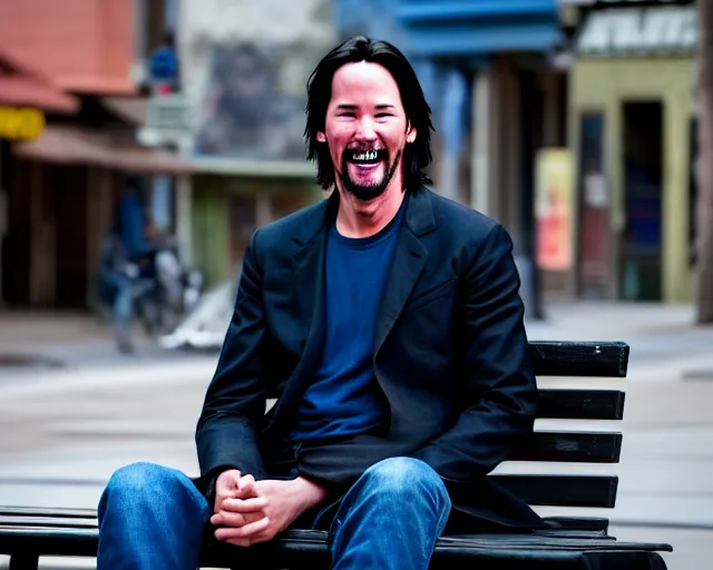 Prompt: 5 5 mm photo of happy keanu reeves in blue jeans and black jacket sitting on a bench in the street. dof. lifelike. ultra detailed. intricate. soft light. nikon d 8 5 0.