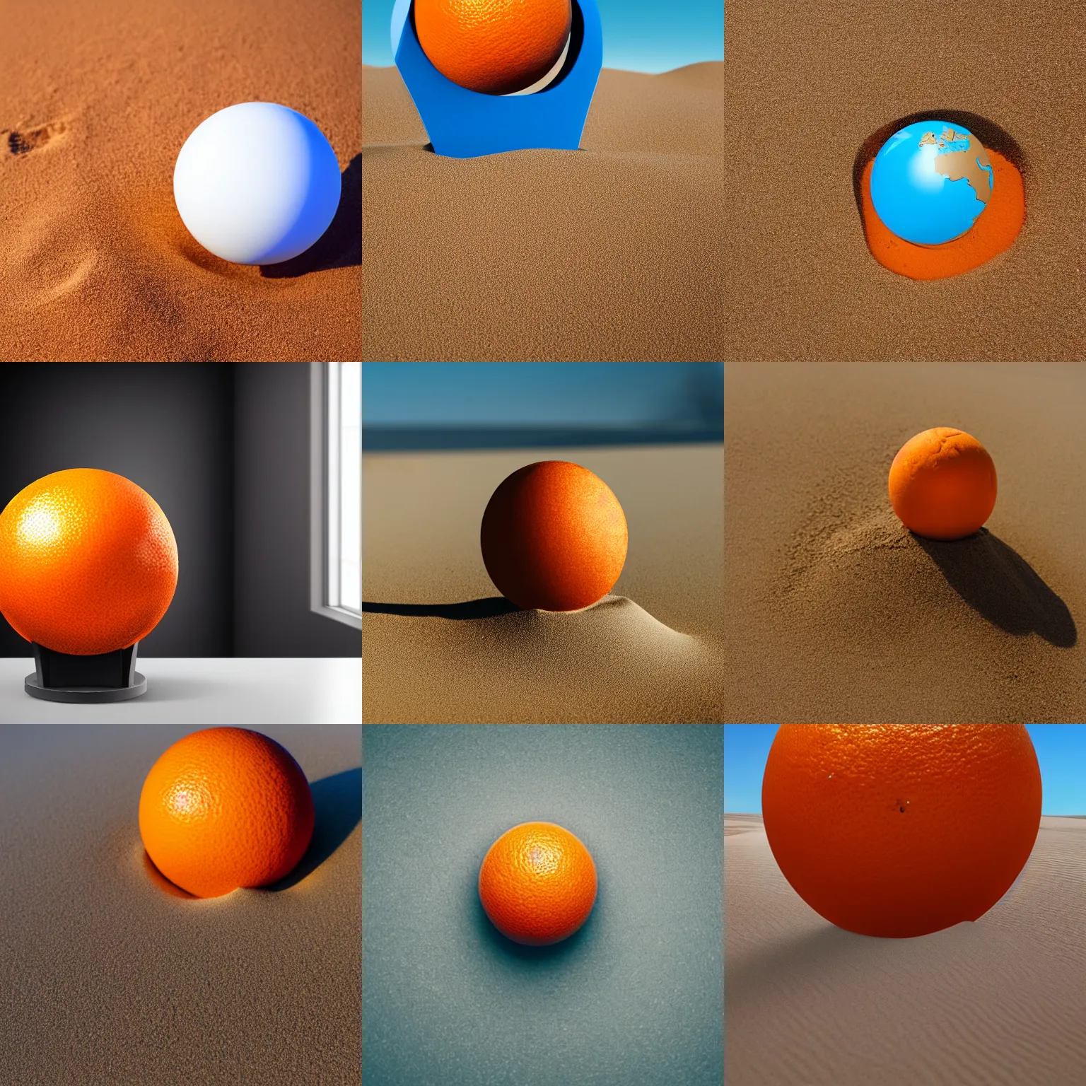 Prompt: a Globe shaped screen picturing a photorealistic orange in the sand. in a white room