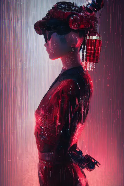 Image similar to A masterpiece portrait of a Incredibly cyberpunk geisha by Ash Thorp and Ikeuchi, red LED lights, extremely beautiful and proportionate face, sharp focus, hyper detailled, octane render, volumetric lightin