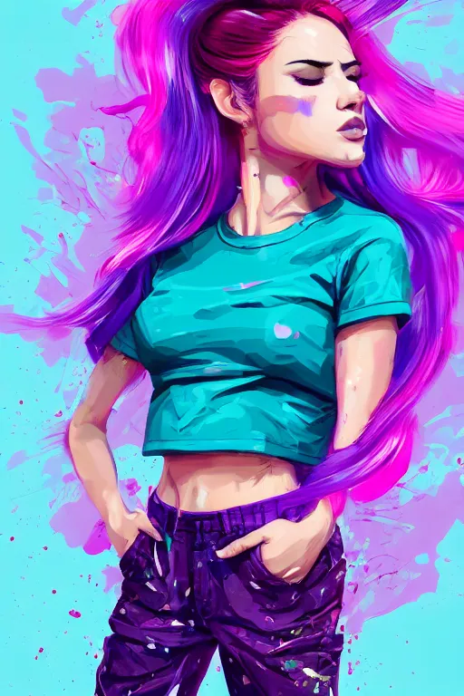 Image similar to a award winning half body portrait of a beautiful woman in a croptop and cargo pants with ombre purple pink teal hairstyle with head in motion and hair flying by artgerm, paint splashes, splatter, outrun, vaporware, shaded flat illustration, digital art, trending on artstation, highly detailed, fine detail, intricate