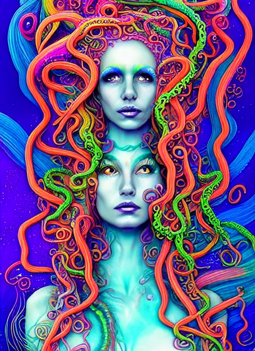 Image similar to A sea goddess with colorful tentacles hair having an extremely colorful psychedelic experience, warping time and space, magic mushrooms, psilocybin, LSD, face, detailed, intricate, elegant, highly detailed, digital painting, artstation, concept art, smooth, sharp focus, illustration, art by Krenz Cushar, Artem Demura, alphonse mucha and beeple, Octane render, unreal engine, 8K