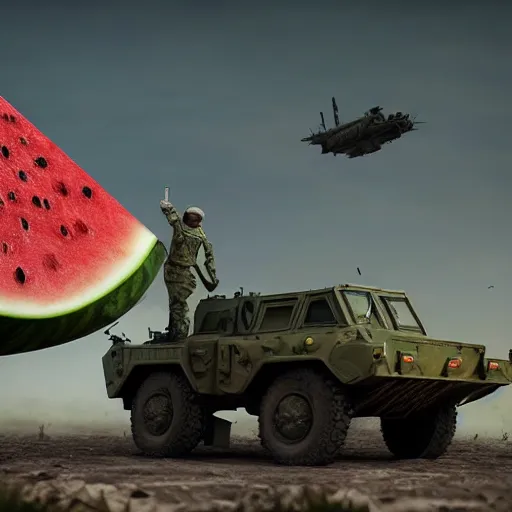 Prompt: Very very very very highly detailed Watermelon military vehicle with epic weapons, on a battlefield in russian city as background. Less Watermelon a lot more military vehicle, Photorealistic Concept 3D digital art in style of Caspar David Friedrich, super rendered in Octane Render, epic dimensional light