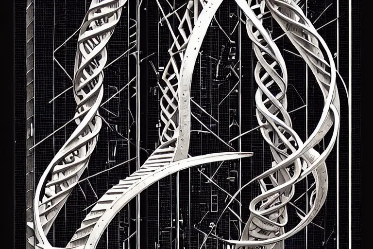 Image similar to a double helix dna cyberpunk steampunk carved archway, high details, lineart, by vincent di fate and joe fenton, inking, screen print, masterpiece, trending on artstation, sharp, high contrast, hyper - detailed,, hd, 4 k, 8 k