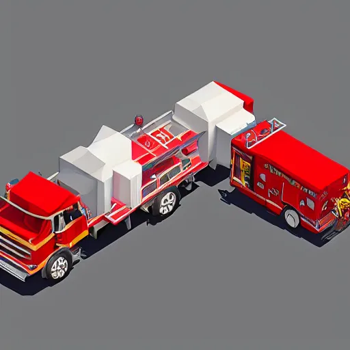 Prompt: isometric low - poly 3 d fire engine, isometric art