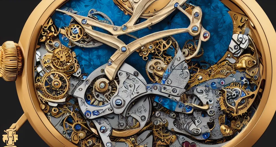 Image similar to a steampunk sleek, jewelled, tropical bird repeater watch by Jaquet Droz, highly detailed illustration highlights, gold and silver highlights, neon blue highlights, macro photography, F/2.8, trending on artstation, octane render